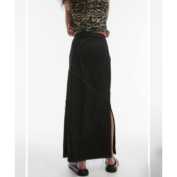 Topshop Asos Raw Edge Maxi Skirt Black Twill Topstitch Sz 10 Frayed Cotton Zip - Picture 2 of 15